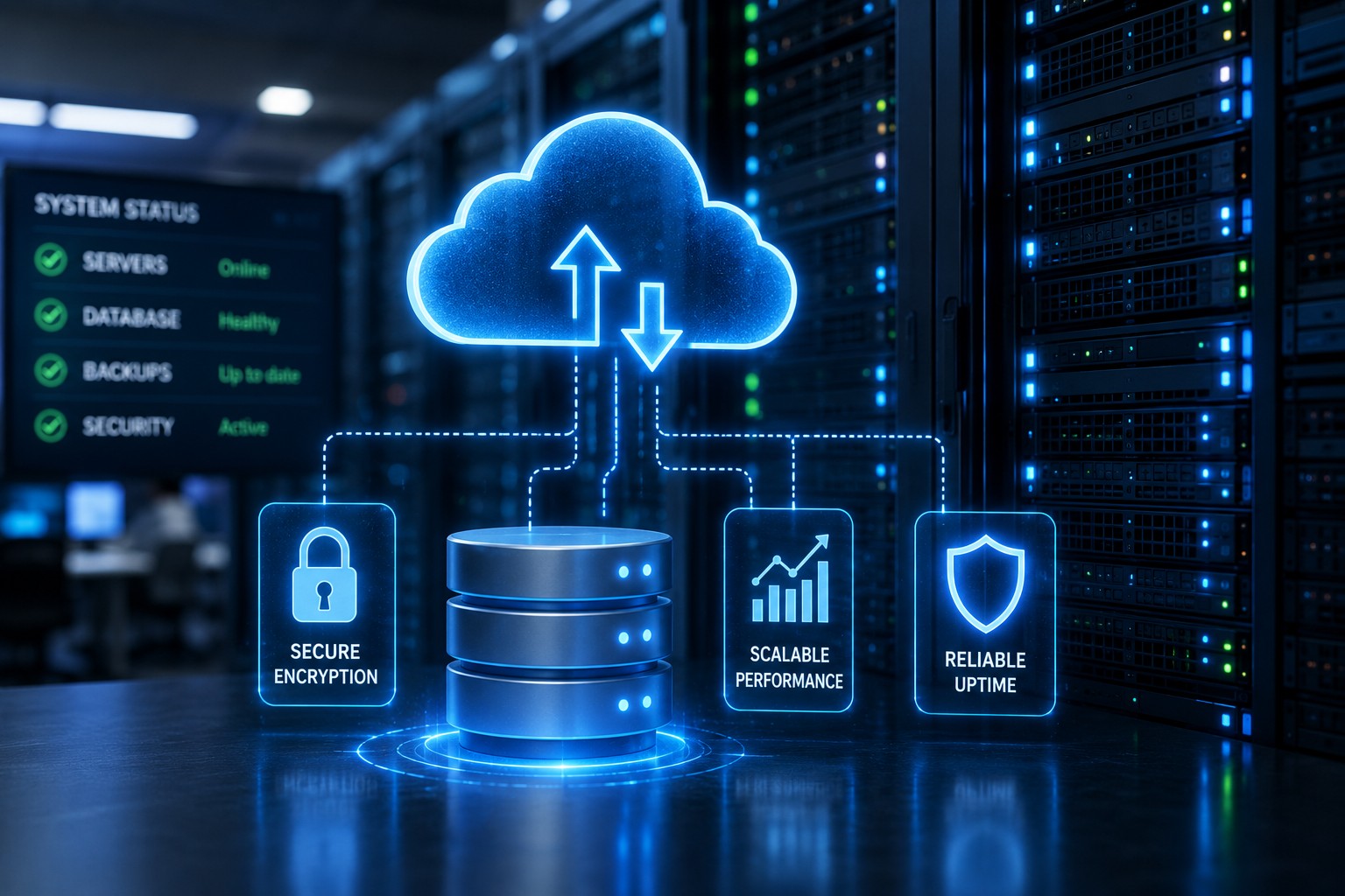 Secure cloud database infrastructure with encryption, scalable performance, and reliable uptime monitoring