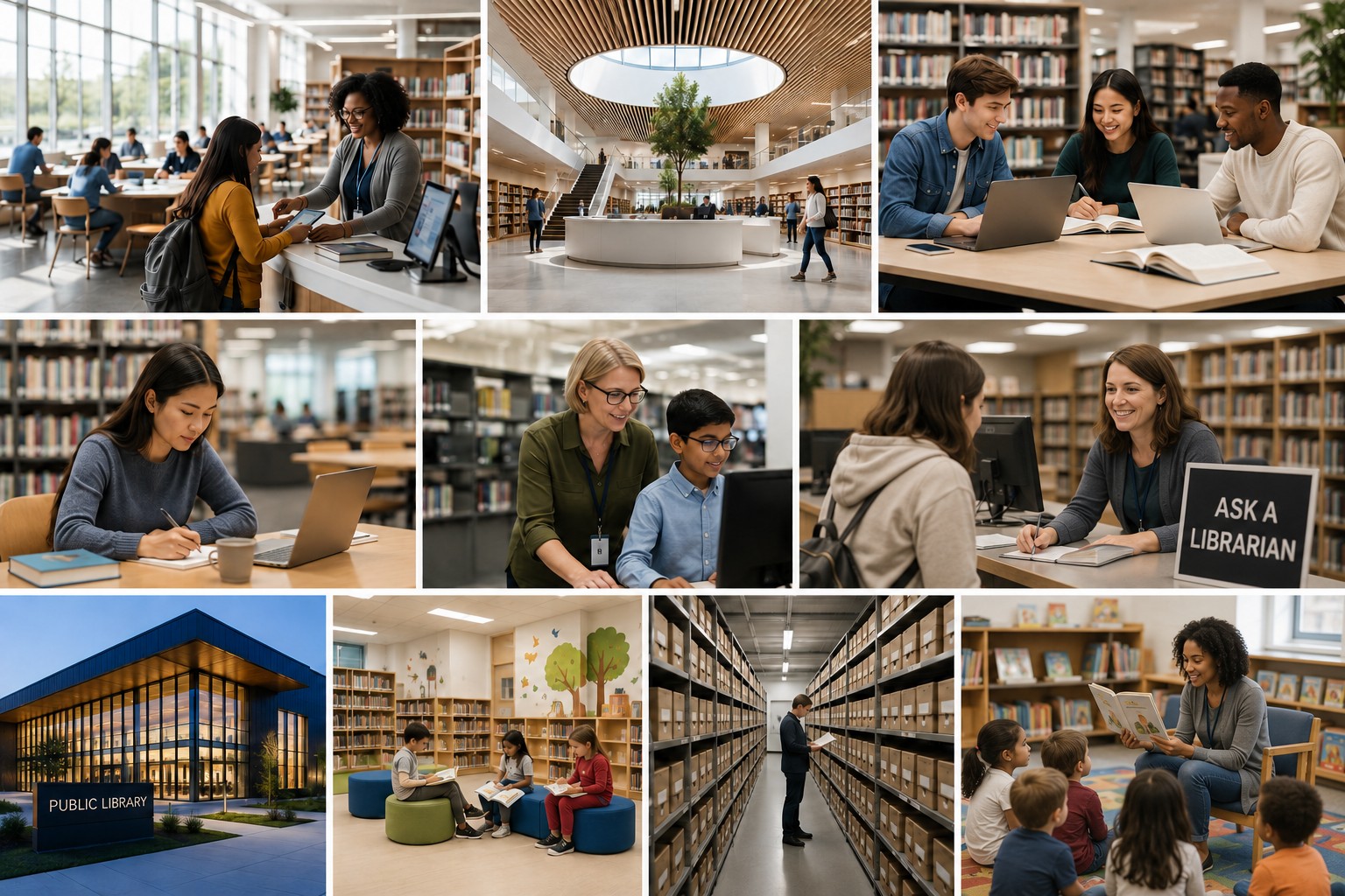 Library staff and patrons across circulation, reference, technology help, and children's programming