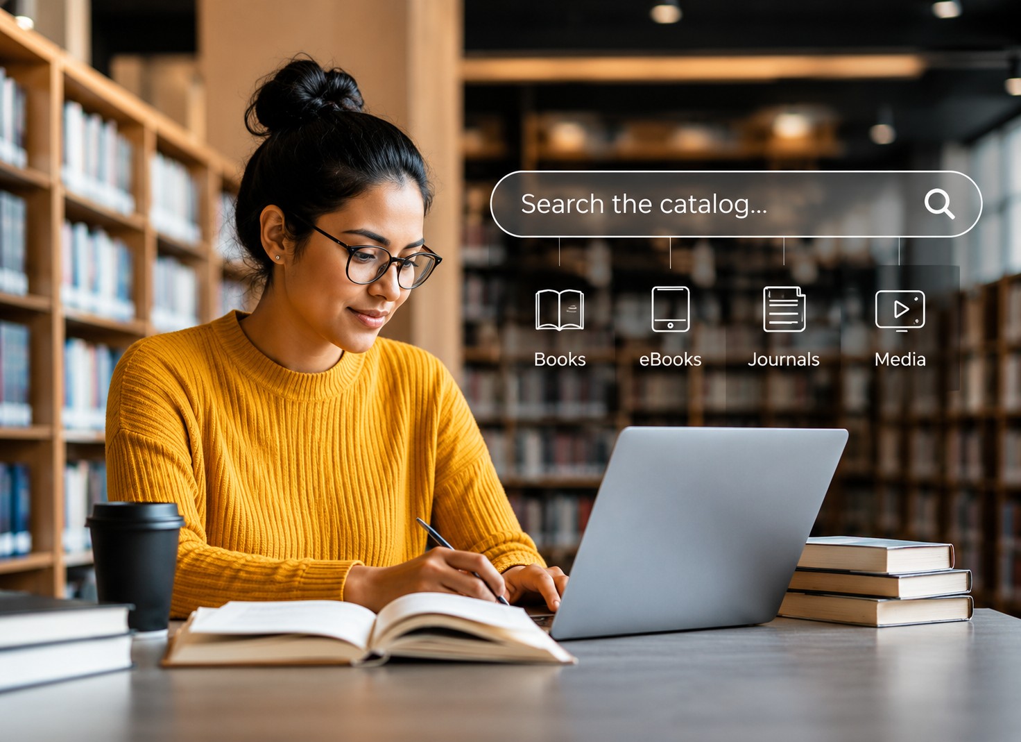 Librarian using NestILS to search the catalog for books, eBooks, journals, and media