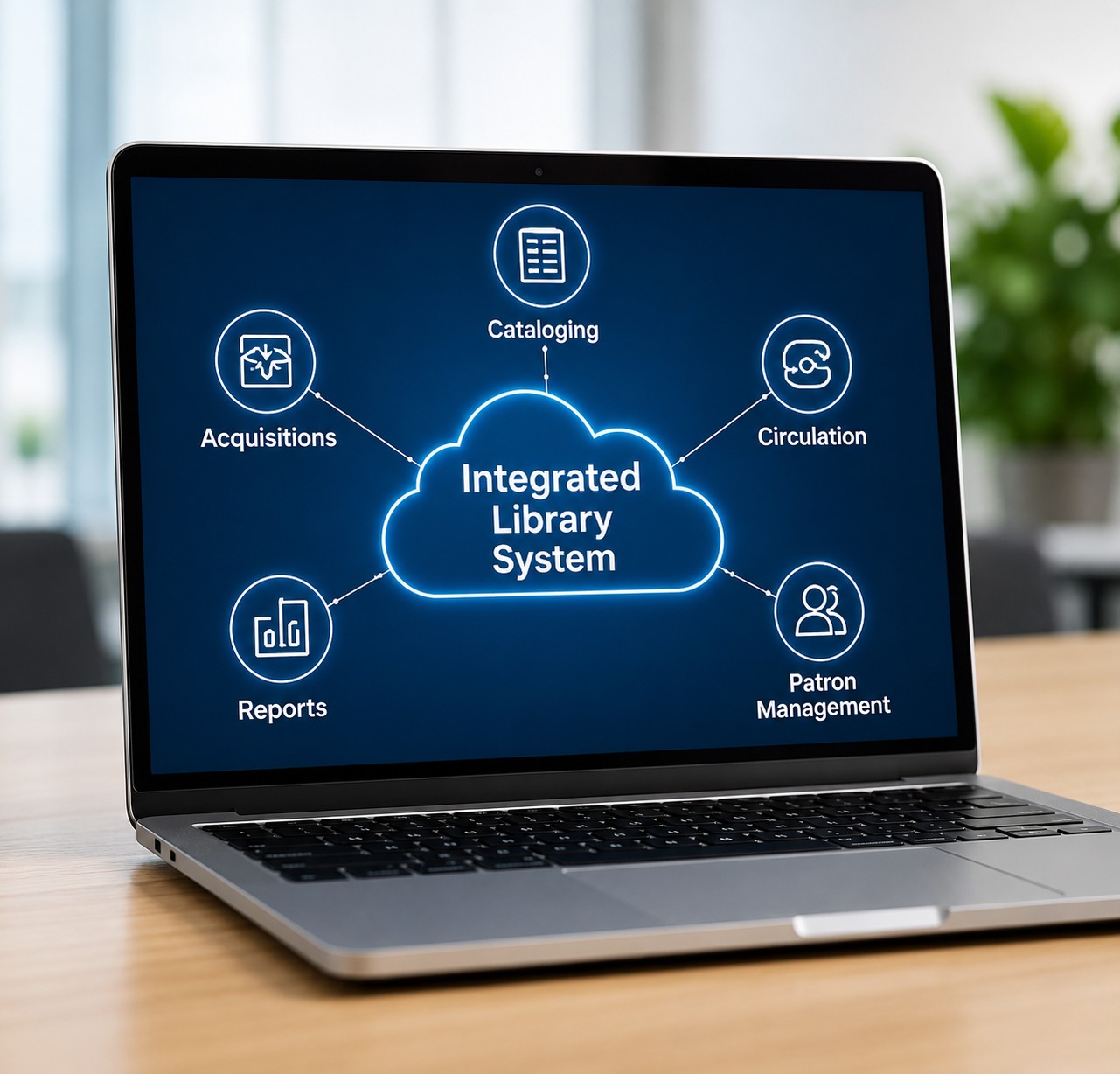 Integrated library system workflow diagram covering cataloging, circulation, acquisitions, reports, and patron management